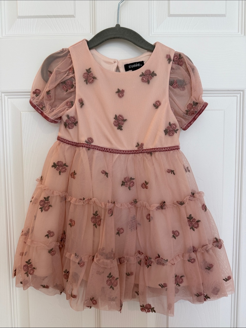 Zunie Blush Pink Embroidered Rose Tulle Dress for Girls